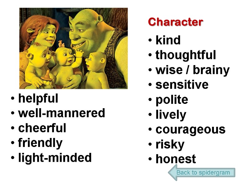 Character  kind  thoughtful  wise / brainy  sensitive  polite 